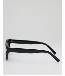 Detail view of black square sunglasses temple showing white printed size specifications