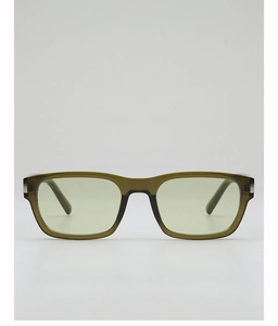 Front view of olive green rectangular sunglasses with translucent frames and silver hinges