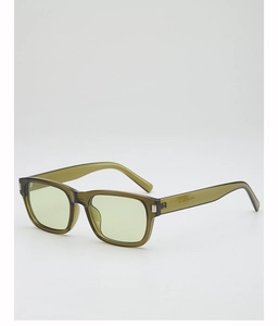 Detail of olive green square sunglasses with silver temple hardware and size specs