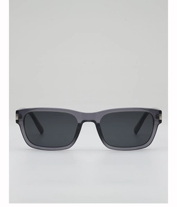 Macro detail of translucent gray rectangular sunglasses with silver metal hinge accents