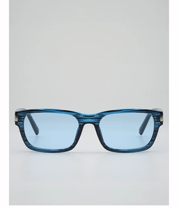 Close-up of retro square sunglasses with blue wood grain frames and light blue lenses
