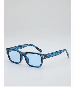 Detail view of olive green retro square sunglasses with blue lenses and textured frame