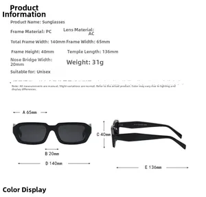 Detailed size chart for rectangle sunglasses showing frame dimensions and PC material specs