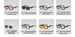 Detailed matrix view of retro square sunglasses in multiple lens colors and frame finishes