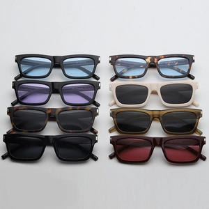 Detailed grid view of assorted vintage small square sunglasses in multiple lens colors