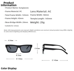 Detailed size specifications for square black sunglasses with PC frame and AC lenses