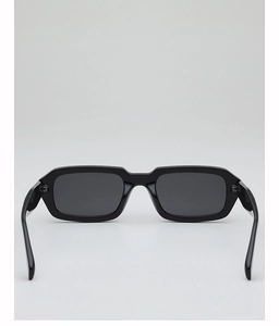 Rear view detail of high-quality black square frame sunglasses with dark polarized lenses