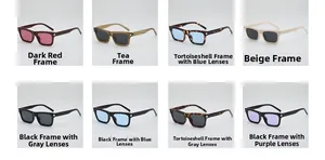 Grid display showing eight retro square sunglasses in various lens and frame colors