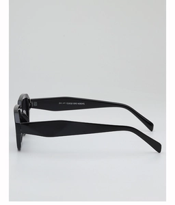 Detail view of bold black frames with oversized temples and printed size parameters