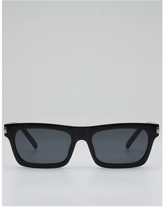 Front view of vintage black rectangle sunglasses with silver metal studs on frame