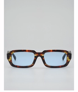 Detail of tortoise shell sunglasses with light blue transparent lenses in retro style