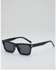 Detail of square black rectangle sunglasses with signature metal rivet on the frame corner