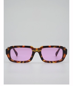Detail of retro rectangular sunglasses with tortoise shell frame and translucent purple lenses