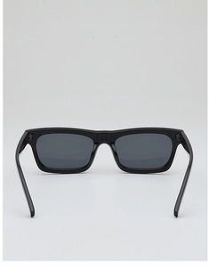 Detailed close-up of glossy black square sunglasses with dark grey polarized lenses