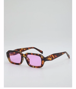 Detail of tortoise shell rectangle sunglasses featuring light purple transparent lenses