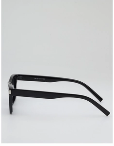Detail of square sunglasses temple featuring silver metal decoration and size specs