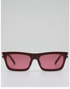 Macro shot of rectangular wine red frames with pink tinted lenses and silver metal hinges