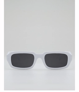 Detailed front view of white rectangle frame sunglasses with dark grey lenses