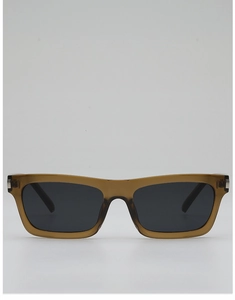 Macro detail of amber translucent rectangular sunglasses frame with silver metal accent