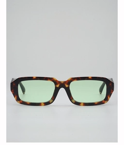 Front view of vintage rectangular sunglasses with tortoiseshell frame and green lenses
