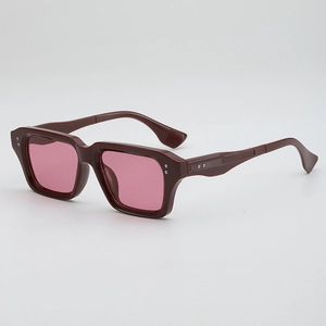Retro square wine red sunglasses with pink lenses and silver rivets in Y2K style