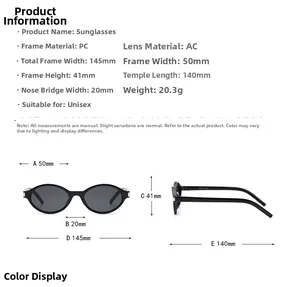 Detailed size chart of oval retro sunglasses showing 145mm width and PC frame specs