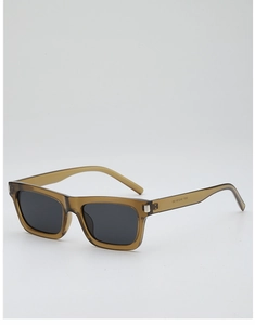 Macro detail of retro square sunglasses hinge and olive green translucent frame