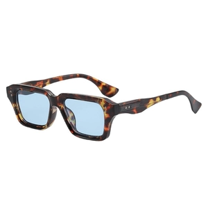 Retro square tortoiseshell sunglasses with light blue lenses and silver rivet accents