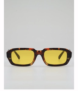 Macro shot of stylish tortoiseshell frame sunglasses featuring vibrant yellow lenses