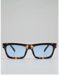 Detail of retro rectangle sunglasses with dark tortoiseshell frames and blue lenses