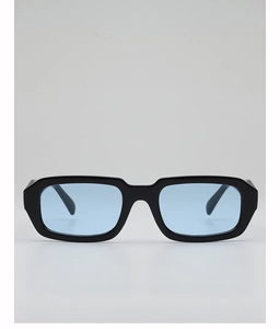 Close-up of stylish rectangular sunglasses with thick black frames and blue lenses