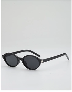 Detailed shot of retro oval sunglasses with black frames and silver metal accents
