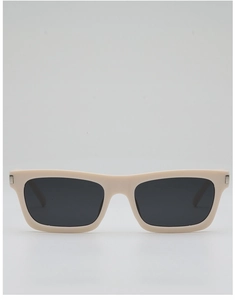 Close-up of beige rectangular sunglasses featuring dark lenses and silver metal accents