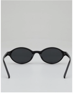Detail view of oval retro sunglasses featuring shiny black frames and UV protective lenses