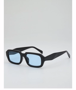 Close-up of matte black rectangular sunglasses with stylish light blue ocean lenses