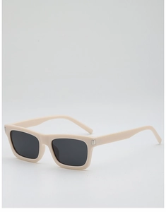 Detail of cream square sunglasses with silver temple accents and dark UV lenses