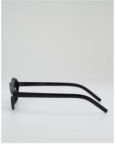 Side view of matte black sunglasses showing wide temple design and hinge connection detail