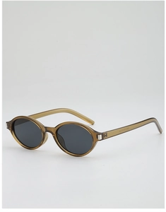 Close-up of translucent brown oval frames with silver accents and dark grey lenses