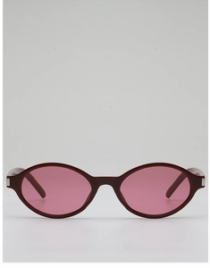 Macro detail of oval burgundy sunglasses frame with silver metal hinge accents