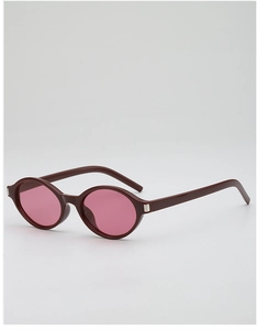 Detail of retro oval sunglasses with dark red frame and silver temple decoration