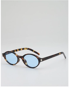 Detail of tortoise frame sunglasses with light blue lenses and silver metal accents