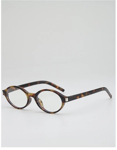 Close-up of retro oval tortoiseshell glasses frame with silver metal hinge accents