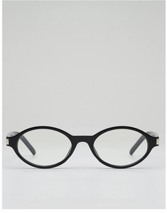 Detailed front view of black oval sunglasses featuring silver metal hinge accents
