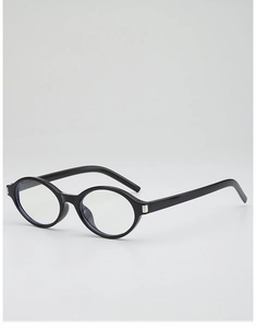 Detail of retro oval sunglasses showing shiny black frames and silver hinge accents