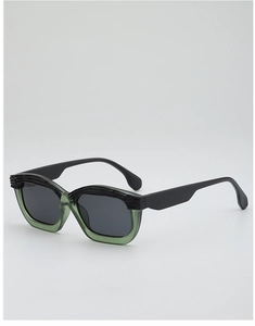 Detailed side view of retro striped sunglasses with black and olive green拼接 frame