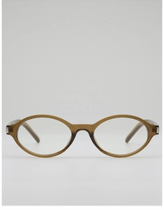 Detail of vintage oval sunglasses frame with silver metal hinges and olive green finish