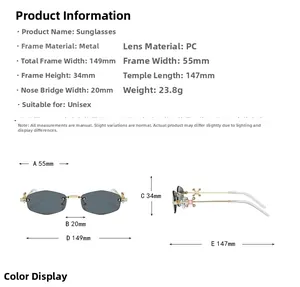 Tableau des tailles détaillé pour lunettes de soleil en métal sans monture avec mesures