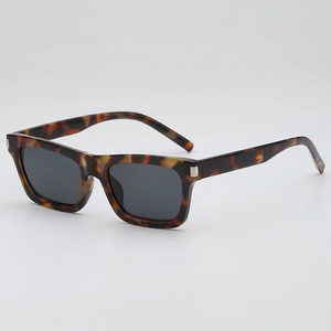 Retro rectangular tortoise shell sunglasses with dark lenses and silver metal accents