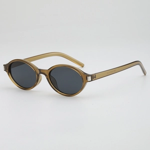 Retro oval sunglasses with transparent brown frames and dark grey lenses for women