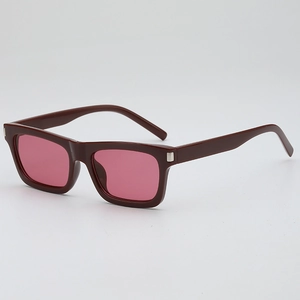 Vintage rectangle sunglasses with dark red frames and pink lenses for fashion wear